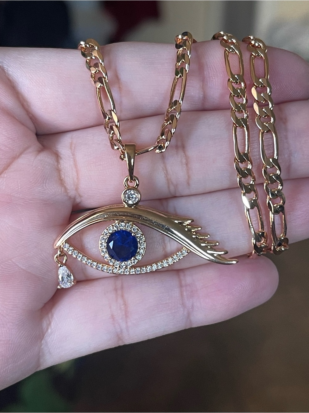 Gold Plated Eye Pendant Necklace with Blue Center Stone